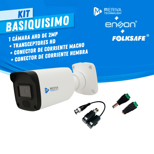 Kit basiquisimo 1 meriva technology - folksafe 1x mbashd2202 camara hd bullet meriva technology 1080p / 2.8mm / 20m ir / ip67 / metpalica / 12vcd 1x fs-hdp4101c transceptor de video pasivo folksafe / terminales push / 1 ch / distancia maxima 320m / 4k 1x ens-mc01 conector de corriente macho enson 3.5mm / polarizado 1x ens-fc01 conector de corriente hembra enson 3.5mm / polarizado