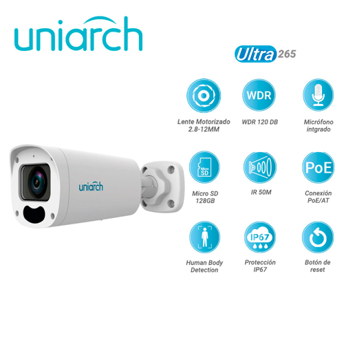 [IPC-B312-APKZ] Camara ip bullet uniarch ipc-b312-apkz / 2mp / ultra265/ lente motorizado 2.8 mm-12 mm  / wdr 120db / microfono embebido / ranura para micro sd 128 gb /  ir 50m / poe at y 12vcd / analiticas human body detection / ip67 / boton de reset