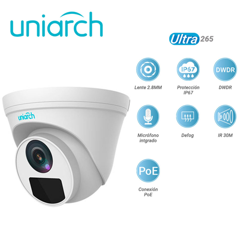 Camara ip domo uniarch turret ipc-t125-apf28 / 5mp / ultra265 / lente 2.8 mm / ip67 / dwdr / microfono integrado / digital defog / ir 30m / poe y 12vcd
