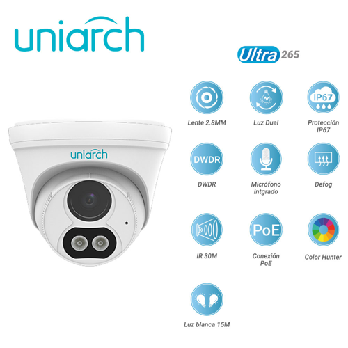 Camara ip turret uniarch ipc-t213-apf28w / 3mp / ultra 265 / lente 2.8 mm / luz dual / ip67 / dwdr / microfono integrado / digital defog / ir 30m / poe / 12vcd / 3 axis / colorhunter / luz blanca 15 mts