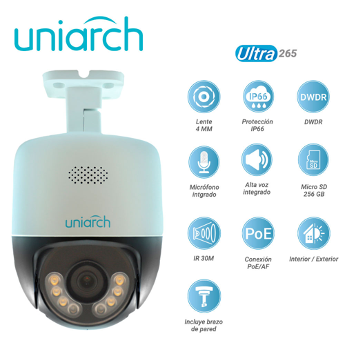 [IPC-P213-AF40KC] Camara ip pt uniarch  ipc-p213-af40kc / 3mp / ultra 265 / lente 4 mm / ip66 / dwdr / microfono embebido / bocina embebida / ranura para micro sd 256 gb / ir 30m / poe af /12vcd / analiticas / interior exterior (incluye brazo de pared)