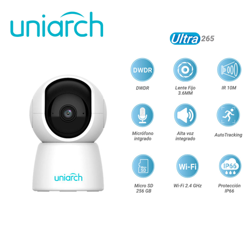 Camara ip mini pt uniarch uho-s2e / 2mp / ultra 265 / 5 vcc / dwdr / lente fijo de 3.6 mm / ir hasta 10 m / microfono y altavoz integrado / human body detection / autotracking / ranura para micro sd hasta 256 gb / /wifi 2.4 ghz / ip66