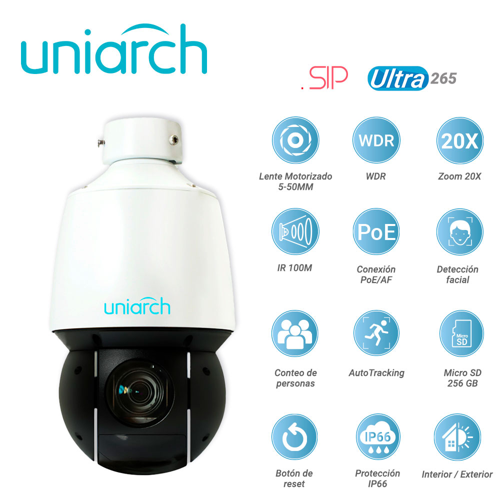 Camara ip ptz uniarch ipc-p413-x20k / 3mp / ultra265/ lente motorizado 5-50 mm / wdr / zoom 20x  / ir 100m / poe af / 12vcd / analiticas de video deteccion facial / sip / conteo de personas / autotracking / hasta 1024 presets / patrullaje/crucero / ranura para micro sd 256 gb / boton de reset / ip66 / interior / exterior