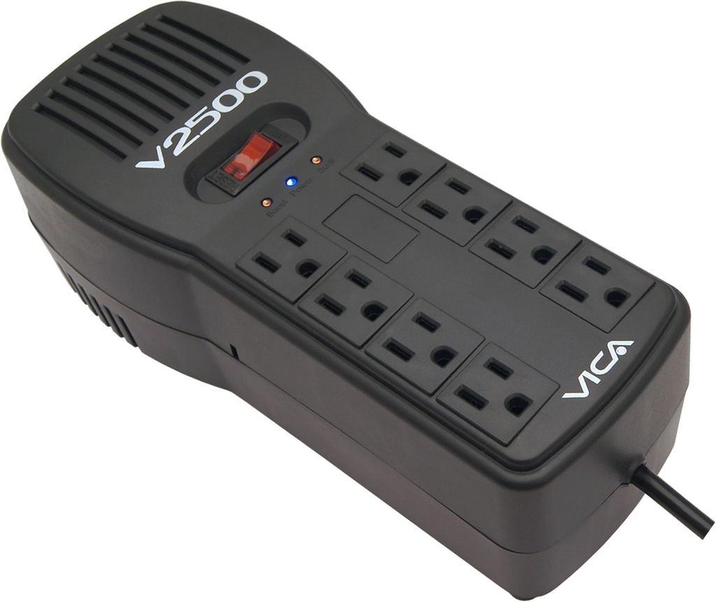 Regulador VICA V2500 2500VA/1500W - Voltaje 120VCA /60Hz, breaker térmico, 8 tomas protegidas, indicadores LED, puertos RJ11/RJ45, empotrable en pared