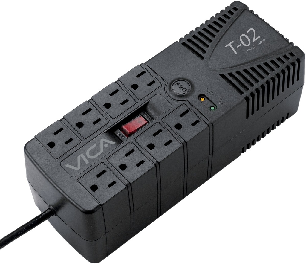 Regulador VICA T-02 1200VA/700W - Voltaje 120VCA /60Hz, breaker térmico, 8 tomas protegidas, indicadores LED, puerto RJ11, empotrable en pared