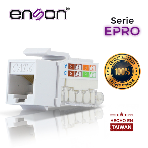 Conector modular jack rj45 enson epro-tljack6-wh serie pro terminado sin pinzas, posicion vertical cat6 color blanco compatible con placas enson epro-fp