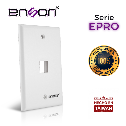 Placa de pared (faceplate) enson epro-fp10 compatible con jack keystone 1 puerto color blanco, uso en interior, ideal para conectores rj45, coaxial, fibra optica, fabricado en plastico abs