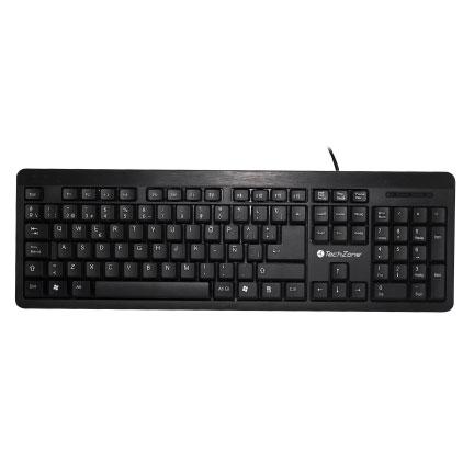 Teclado alámbrico Grimly TechZone - con conexión USB, 104 teclas tipo QWERTY, 1 año de garantía.