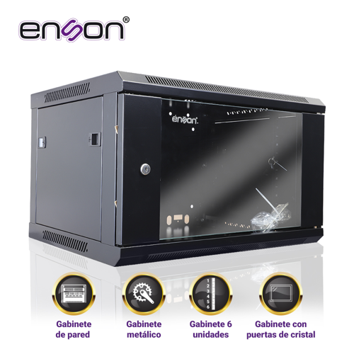 Gabinete de pared enson ens-rkgb6u 6ur puerta frontal de cristal templado con cerradura de seguridad ranuras de ventilacion en la parte superior para 2 ventiladores de 11 cm ensamblado 600x450x368mm