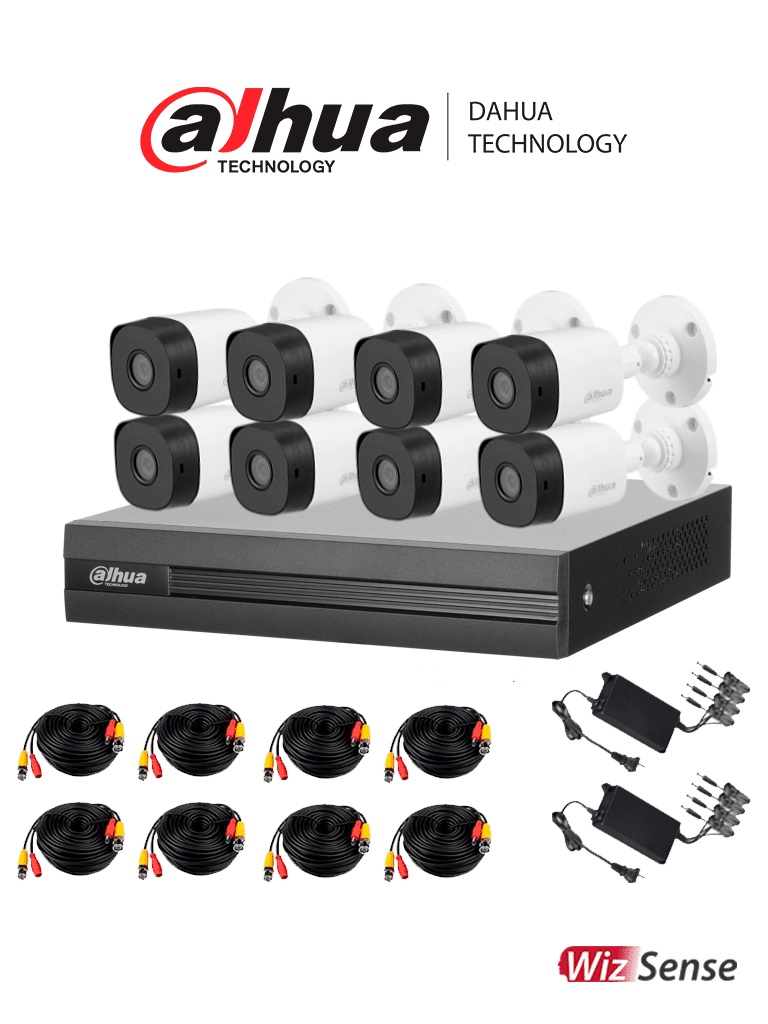 DAHUA KITXVR1B08- I+8-B1A21- Kit de 8 Canales 2 Megapixeles XVR de 8CH WizS Con IA H.265+ 8 Camaras B1A21 1080p 8 Canales + 2 IP o Hasta 10 Canales IP -