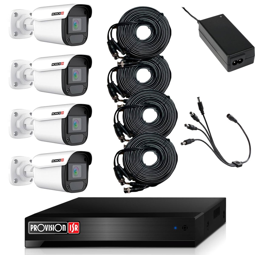 KIT de Videovigilancia de 4 cámaras de 2 MP Policarbonato - 4 cables siamés de 20 metros, fuente de 12V/3A, pulpo de 4 salidas, No incluye HDD