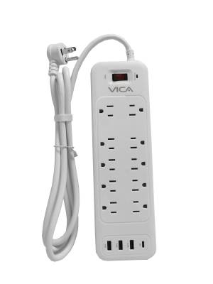 Centro de carga 9P VICA para protección contra sobretensiónes - 10 NEMA 5-15R con supresor de picos, 3 puertos USB-A y 1 USB-C. -Montaje pared