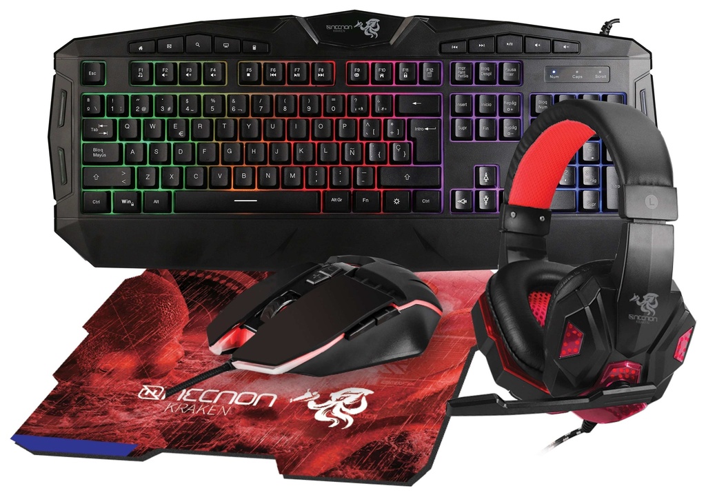 KIT GAMING 4 EN 1 NGC-KRAKEN AUDIFONOS LED TECLADO 114 TECLAS MOUSE 7 BOTONES HASTA 3200DPI MOUSEPAD ROJO -