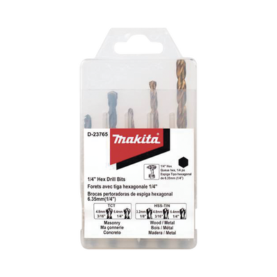 Juego de 5 Brocas con Inserción Hexagonal de 1/4". De concreto: 3/16" y 1/4". Para metal: 1/8", 3/16" y 1/4". 