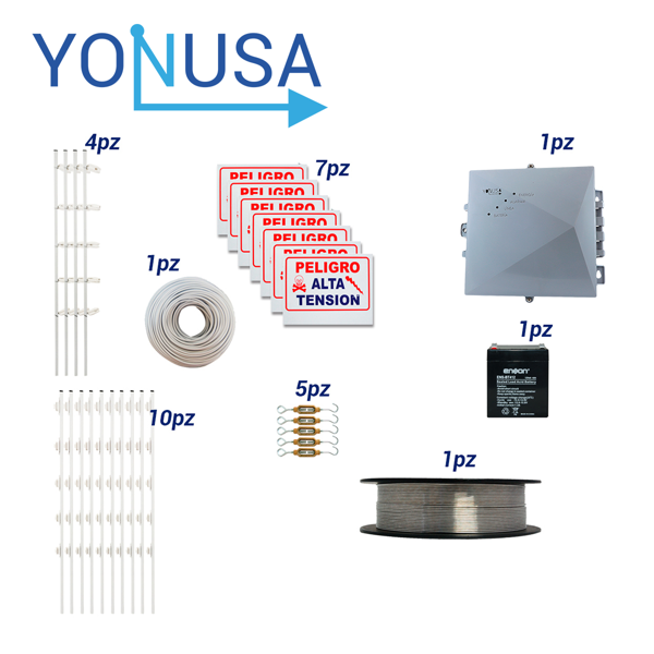 [KIT CERCA50MTS] Kit de cerca electrificada con accesorios para 50metros incluye:
energizador, bateria  ens-bt412 cable, alambre, postes, letreros y tensores