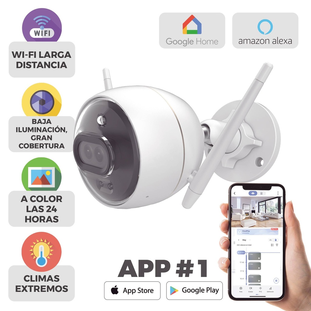 EZViZ (C3X) Cámara Bala - Máxima Resolución 1080P (2MP), 2.8mm 30m, Generales H265 SD(256GB) Nube Exterior, Audio Micrófono / Fuente Micro USB 5Vcd/5W.