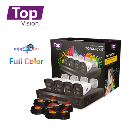 Kit 4x4 top54fckit topvison incluye 1 dvr xvr-504a 6ch 5 mp-lite soporta audio sobre coaxial o utp + 4 cámaras hd topvision bullet tbfc500a 5 mp 3.6 mm tecnología full color / micrófono integrado / carcasa plástica / ip67 / 12 vcd + 4 cables pre ponchados 18m c/u bnc y alimentación + fuente de poder