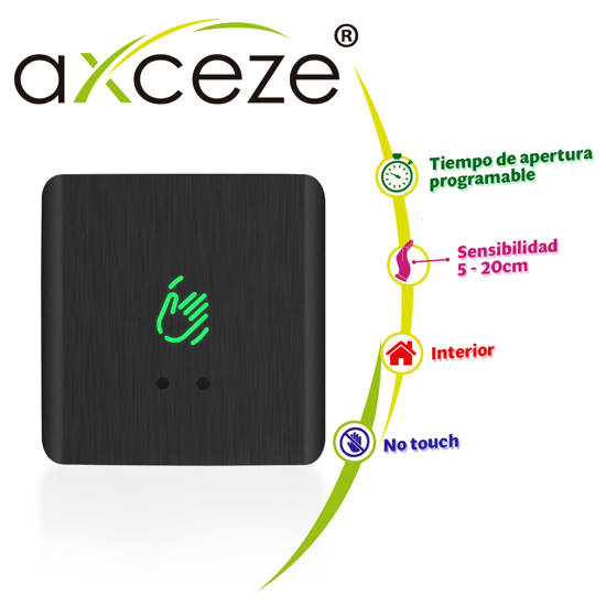 Boton de peticion de salida sin contacto ax-b150 formato cuadrado cubierta plastica color negro led indicador de estado distancia de activación ajustable entre 5 y 20cm retardo de apertura ajustable