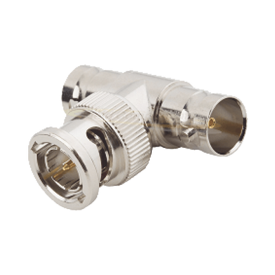 [RFB-1130] Adaptador en T para 50 Ohm de BNC Macho a Doble BNC Hembra, Maquinado, Níquel/ Oro/ Teflón.