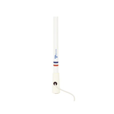 Antena marina VHF en fibra de vidrio en rango de 156 a 163 MHz, Incluye 4.5 metros de cable y conector PL-259 macho.
