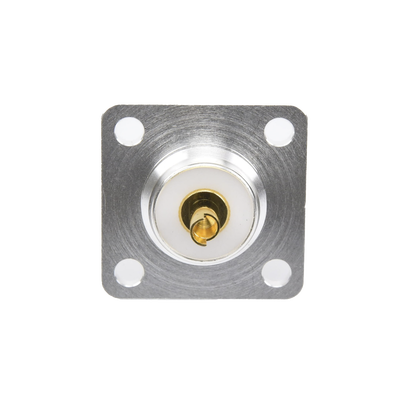 [RFU-521-ST]  Conector UHF Hembra (SO-239) para Montaje de Chasis con 4 Hoyos a 18 mm, Terminal Soldable, Plata/ Oro/ Teflón.
