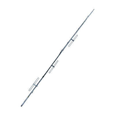 Antena base de 4 dipolos. Rango de frecuencia de 144 - 174 MHz y ganancia de 6/9 dBi omnidireccional/direccional. 