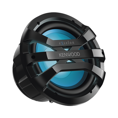 Subwoofer excelon motorsport de 10" fabricado en rejilla color negro, cuenta con iluminación Led ajustable vía RF  