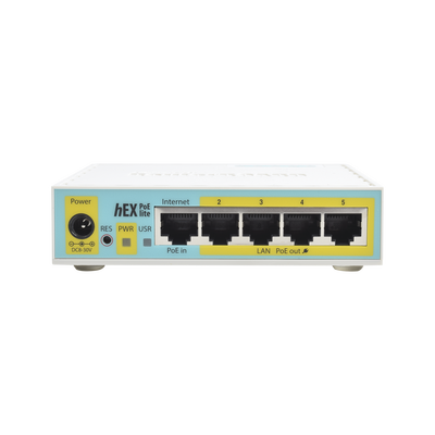 [RB750UPR2] (hEX PoE LITE) RouterBoard, 5 Puertos Fast Ethernet, 4 con PoE Pasivo, 1 Puerto USB
