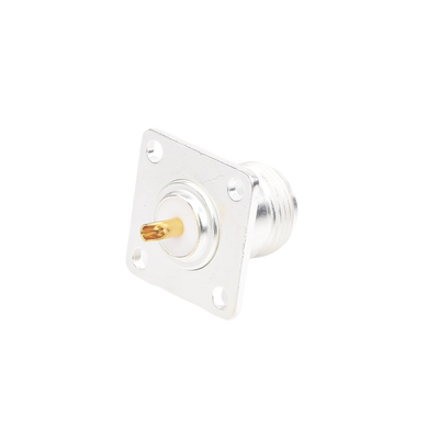 [RFN-1021] Conector N Hembra para Montaje Frontal en Panel con 4 Perforaciones a 18 mm, Plata/ Oro/ Teflón.