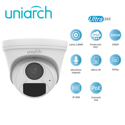 Camara ip turret uniarch ipc-t124-apf28k / 4mp / ultra265 / lente 2.8 mm / ip67 / dwdr / microfono integrado / ranura para micro sd / digital defog / ir 30m / poe / 12 vcd / 3 axis