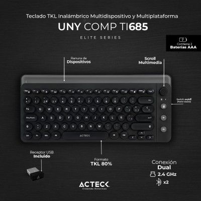 TECLADO INALÁMBRICO CONEXICÓN DUAL 2.4HZ/BLUETOOTH UNY COMP TI685 ELITE SERIES