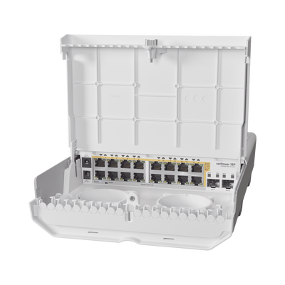 [CRS318-16P-2S+OUT] (netPower 16P) Switch administrable Sistema Operativo Dual, 16 puertos c/PoE, 2 puertos 10G SFP+ para Exterior