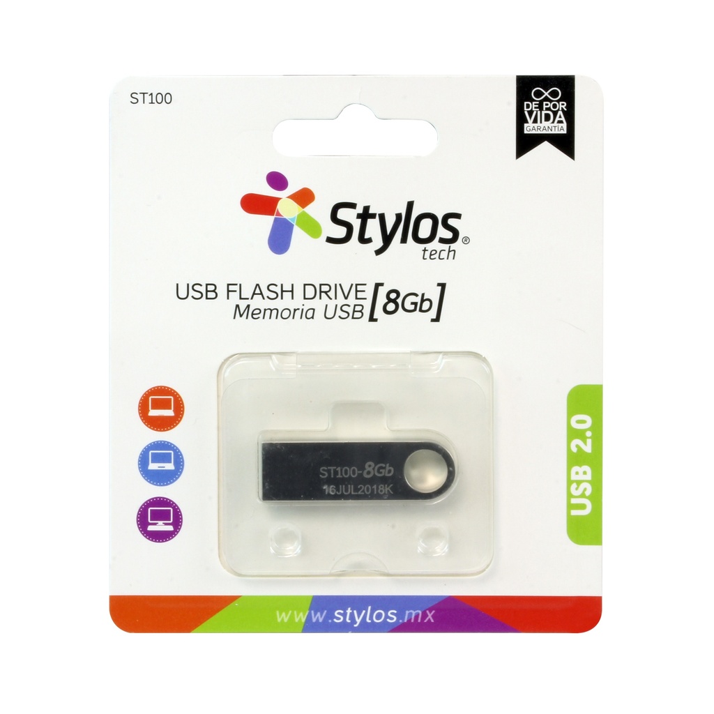 MEMORIA USB STYLOS STMUSB1B, PLATA, 8 GB, USB 2.0 