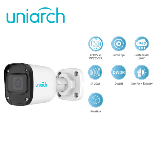 Camara analoga bullet uniarch uac-b112-f28 / 2mp / tvi/ahd/cvi: 1080p@25fps / lente-2.8mm / dwdr / ir20m / interior+exterior / admite-giro180grados(horizontal+vertical) / plastica / ip67 / 12 vcd