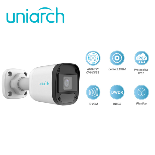 Camara analogica bullet uniarch uac-b115-f28 / uac-b115-f28-h  / 5mp / ahd/tvi/cvi/cvbs / lente fijo 2.8 mm / 12 vcd / ip67 / ir 20 m / dwdr  / interior / exterior / plastica