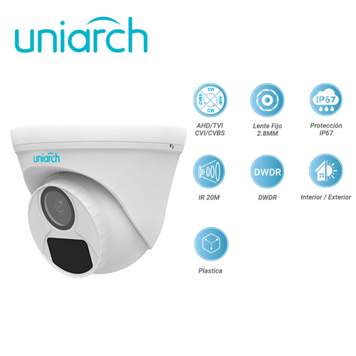 [UAC-T112-F28] Camara analogica turret uniarch uac-t112-f28 / uac-t122-f28-h  / 2mp / ahd/tvi/cvi/cvbs / lente fijo 2.8 mm / 12 vcd / ip67 / ir 20m / dwdr  / interior / exterior / plastica