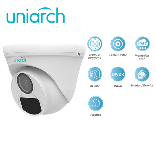 Camara analogica turret uniarch  uac-t115-f28 / uac-t115-f28-h / 5mp / ahd/tvi/cvi/cvbs / lente fijo 2.8 mm / 12 vcd / ip67 / ir 20m / dwdr / interior / exterior / plastica