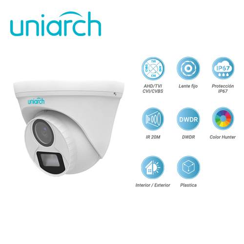 Camara analoga turret colorhunter uniarch uac-t112-f28-w / 2mp / tvi/ahd/cvi: 1080p@30fps / lente-2.8mm / dwdr / ir20m / interior+exterior / admite-giro180grados(horizontal+vertical) / plastica / ip67 / 3-axis / 12 vcd