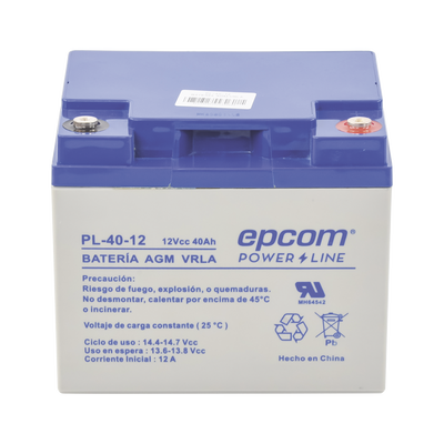 [PL-40-12] Batería 12 Vcc / 40 Ah / UL / Tecnología AGM-VRLA / Para uso en equipo electrónico Alarmas de intrusión / Incendio/ Control de acceso / Video Vigilancia / Terminales tipo M6 ( HEX ) / Cargador recomendado CHR-250.