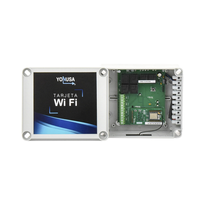 [TARJET-WIFI-V2] Modulo WIFI con gabinete para uso en Energizadores YONUSA/Aplicación sin costo/Activación Remota de 4 salidas tipo Relay con alta capacidad.