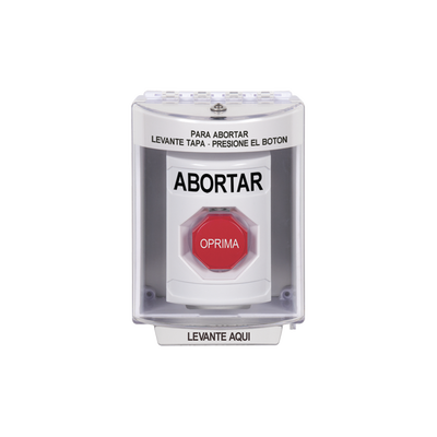 Botón de Abortar, Bocina de Advertencia Integrada, Texto en Español, Tapa Protectora de Policarbonato Súper Resistente con Espaciador, Restablecimiento con Llave