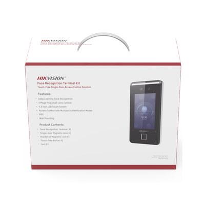 Kit de Control de Acceso TODO INCLUIDO con Lector de Rostros, QRs , Tarjetas y Huellas / 3,000 Rostros / Compatible con App Hik-Connect / Videoportero / Incluye Electroimán  Botón de Salida y Montajes Z y L para imán 