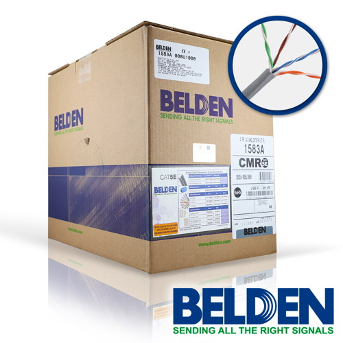 Cable utp cat5e belden 1583a 008u1000 forro pvc gris cmr 4 pares 200 mhz calibre 24awg 100% cobre uso interior especial para instalaciones seguridad, cctv, video, datos redes ethernet bobina 1000 pies 305 metros