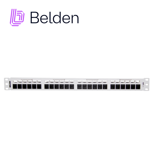 [RV6PPF1U24WH] Patch panel, revconnect cat6 belden rv6ppf1u24wh 24 puertos rj45 (precargado) color blanco 1 unidad de rack herramienta compatible rvutt01 uso interior calibre del conductor 23-24 awg  incluye tornillos correa velcro barra administracion trasera guia de instalacion