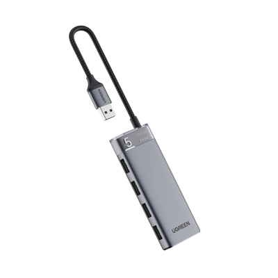 [15548] HUB USB-A 3.2 Gen1 4 EN 1 | 4 Puertos USB-A (5Gbps) | Carcasa ABS + PC | Soporta OTG | Luz Indicadora LED | Cable de Nylon Trenzado de 20cm (Mas de 20000 flexiones) | Interfaz Niquelada | Color Gris Metalizado.