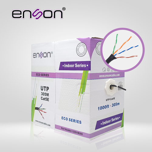 Cable utp cat5e enson 12251b305 serie eco calibe 24 awg cca bobina de 305 metros forro pvc color negro uso interior recomendado para transmision de datos base 10,100