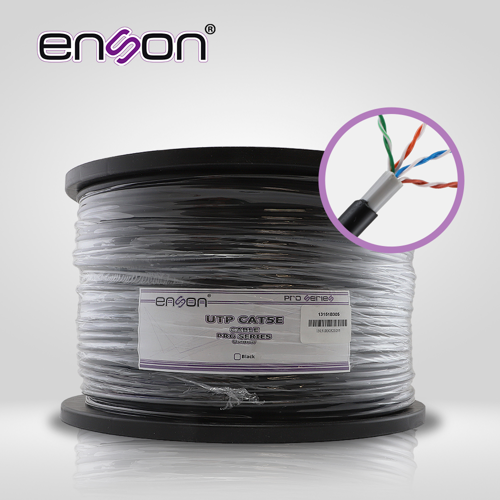 Cable utp cat5e enson 13151b305 doble forro serie pro-ii calibe 24 awg 100% cobre bobina de 305 metros forro pe color negro y pvc color gris uso exterior recomendado para cctv, video ip y redes base 10,100