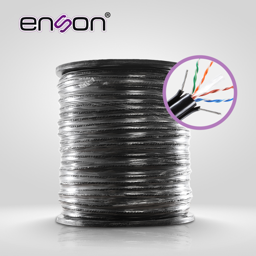 Cable utp para elevador cat6 enson 43352b3055 serie pro-ii calibe 23 awg 100% cobre de alto rendimiento bobina de 305 metros forro pvc color negro con 2 cableas de acero como armadura para su uso en elevadores o cable aereo en interiores recomendado para cctv, video ip y redes base 10,100,1000