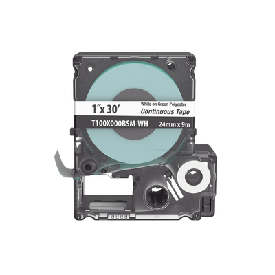 [T100X000BSM-WH]  Casete de Etiquetas de Poliéster de Cinta Continua, Color Blanco Sobre Verde, Uso Interior/Exterior, 24 mm (1 in) de Ancho x 9.1 Metros de Largo