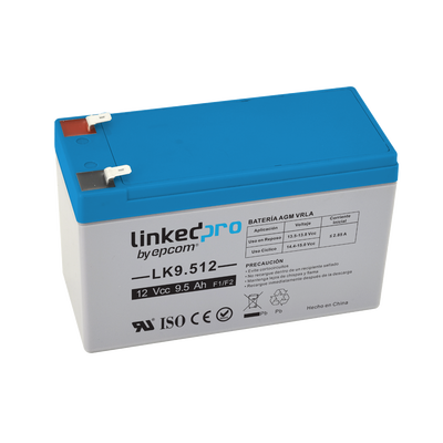 [LK9.512] Batería 12 Vcc / 9.5 Ah / UL / Tecnología AGM-VRLA / Vida útil promedio 5 años / Para uso en equipo electrónico, Alarmas de Intrusión / Incendio/ Control de acceso / Video Vigilancia / Terminales F1 ( Incluye adap